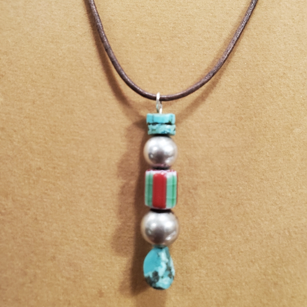 Sterling Silver Turquoise Leather Necklace 27" L